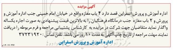مزایده اجاره چهار باب مغازه 