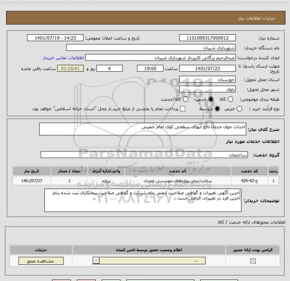 استعلام احداث جوی جدول دفع آبهای سطحی کوی امام خمینی