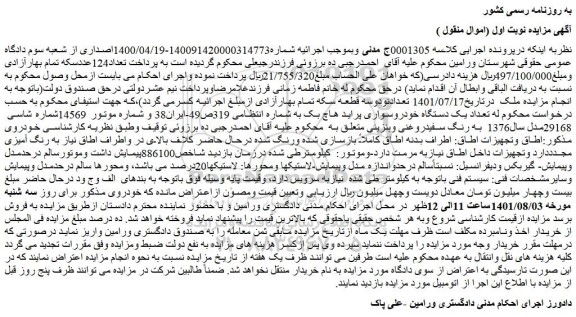مزایده یک دستگاه خودروسواری پراید هاچ بک 