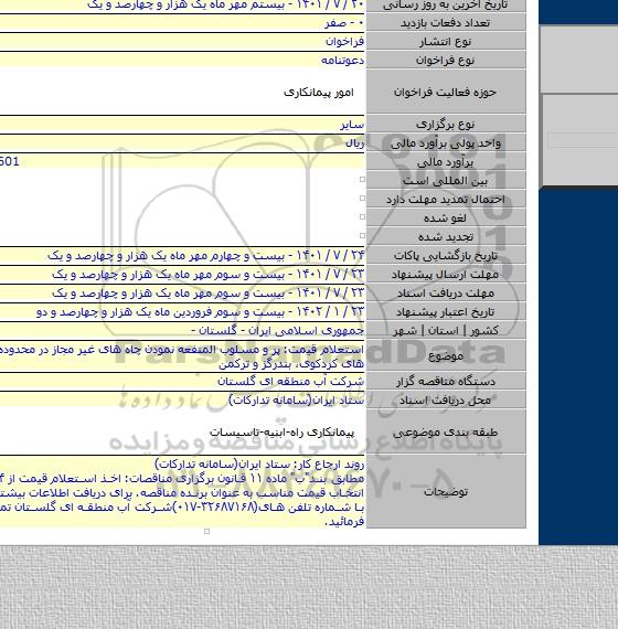 مناقصه, استعلام قیمت: پر و مسلوب المنفعه نمودن چاه های غیر مجاز در محدوده شهرستان های کردکوی، بندرگز و ترکمن