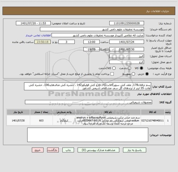 استعلام سم ترفلان178، علف کش سوپرگالانت142،قارچ کش فولیکور142 ، حشره کش متالدهاید106، حشره کش آوانت 35 لیتر از برندهای گل سم، مشکفام، شیمی کشاورز