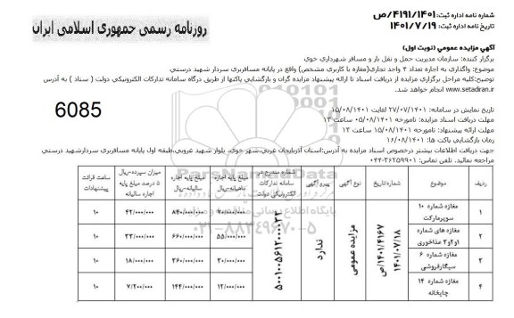 مزایده واگذاری اجاره تعداد 4 واحد تجاری