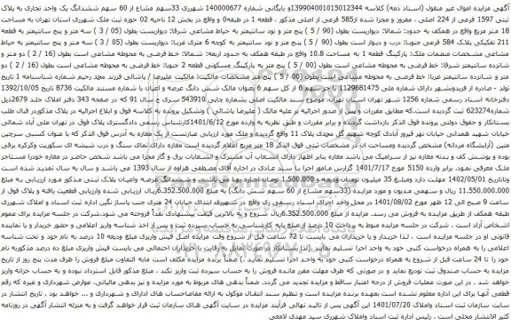 آگهی مزایده 33سهم مشاع از 60 سهم ششدانگ یک واحد تجاری به پلاک ثبتی 1597 فرعی از 224 اصلی
