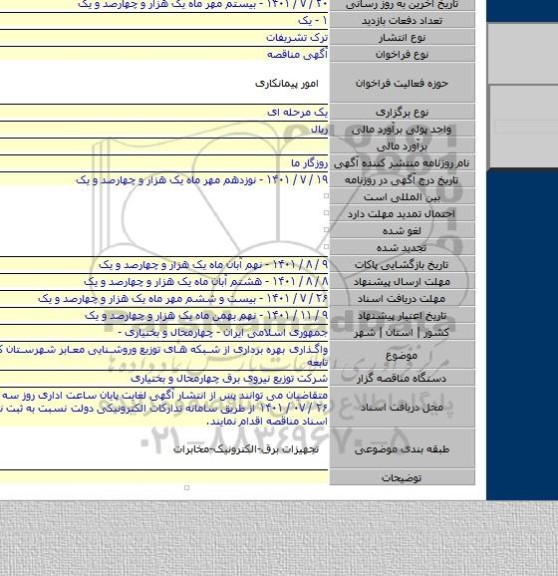 مناقصه, واگذاری بهره برداری از شبکه های توزیع وروشنایی معابر شهرستان کیار  وشعب تابعه