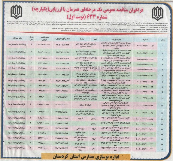 فراخوان مناقصه احداث مدرسه دو کلاسه ...