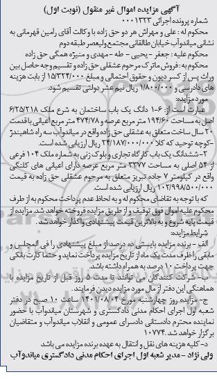 مزایده شش دانگ یک باب ساختمان