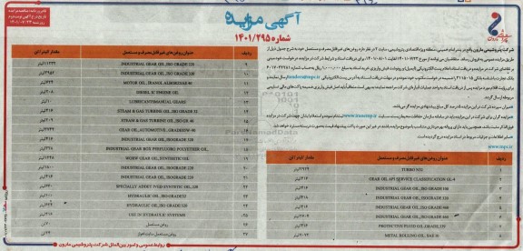 مزایده فروش روغن های غیرقابل مصرف و مستعمل  نوبت دوم