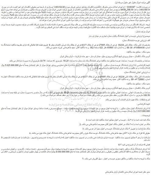 مزایده فروش عرصه و اعیان ششدانگ یکباب مغازه تجاری در میدان تره بار
