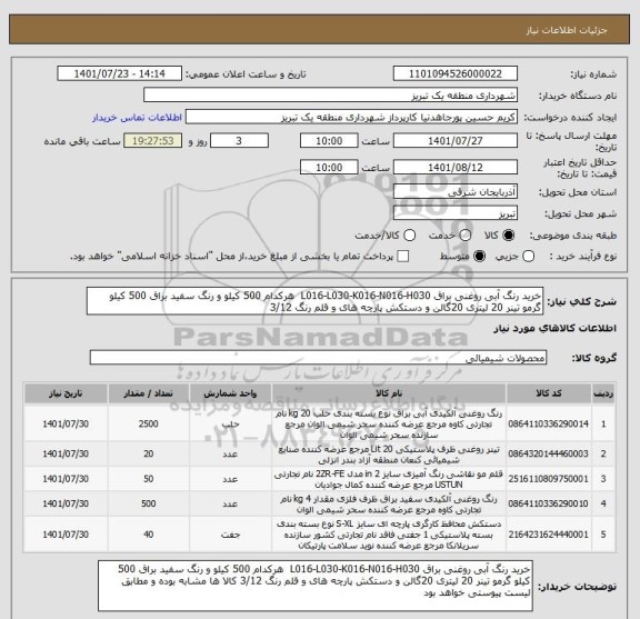استعلام خرید رنگ آبی روغنی براق L016-L030-K016-N016-H030  هرکدام 500 کیلو و رنگ سفید براق 500 کیلو گرمو تینر 20 لیتری 20گالن و دستکش پارچه های و قلم رنگ 3/12