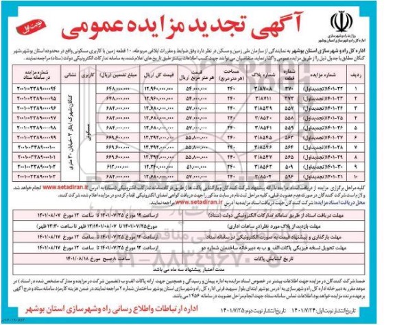 مزایده عمومی فروش 10 قطعه زمین با کاربری مسکونی تجدید 