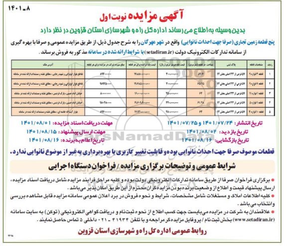 مزایده فروش پنج قطعه زمین تجاری
