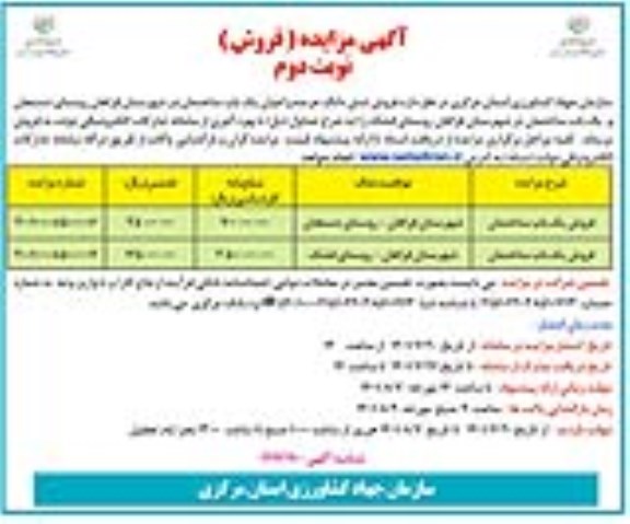 مزایده فروش ششدانگ عرصه و اعیان دو باب ساختمان نوبت دوم