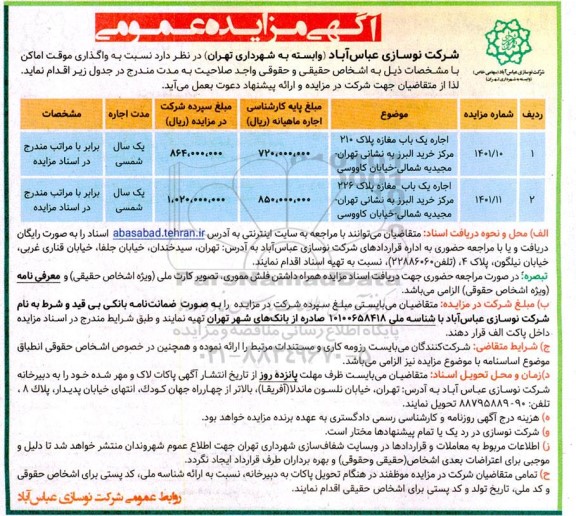 مزایده عمومی واگذاری موقت اماکن 
