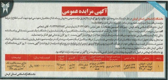 مزایده فروش ملک مساحت 1159 مترمربع  نوبت دوم 