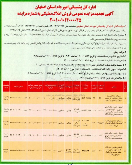 آگهی تجدید مزایده عمومی فروش املاک تملیکی