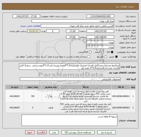 استعلام ایرانکدها مشابه،ردیف1کابل افشان خراسان افشارنژاد1.5*3پانصد متر و سایز 1.5*5دویست متر ، ردیف2 کابل افشان خراسان افشارنژاد2.5*3 پانصد متر