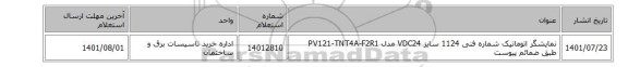 نمایشگر اتوماتیک شماره فنی 1124 سایز VDC24 مدل PV121-TNT4A-F2R1 طبق ضمائم پیوست