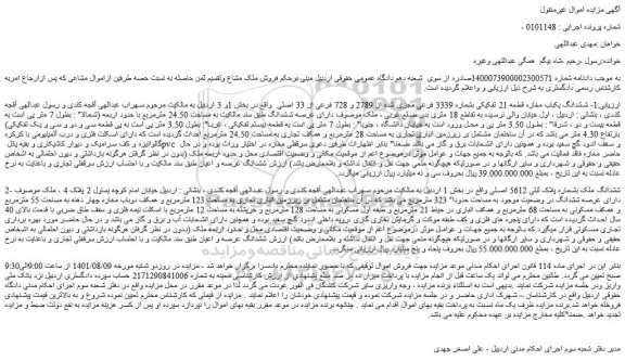 مزایده فروش ششدانگ یکباب مغازه قطعه 21 تفکیکی بشماره 3339 فرعی مجزی شده از 2789 و 728 فرعی از 33 اصلی  