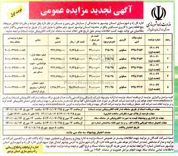تجدید مزایده عمومی واگذاری پنج قطعه زمین با کاربری مسکونی 