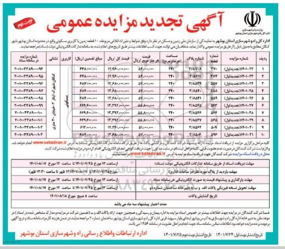 مزایده عمومی فروش 10 قطعه زمین با کاربری مسکونی تجدید - نوبت دوم 