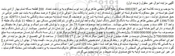 مزایده فروش سه دانگ از شش دانگ امتیاز یک واحد آپارتمان 
