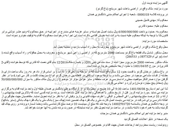 مزایده فروش یک قطعه باغ گردو بمساحت 2000 مترمربع