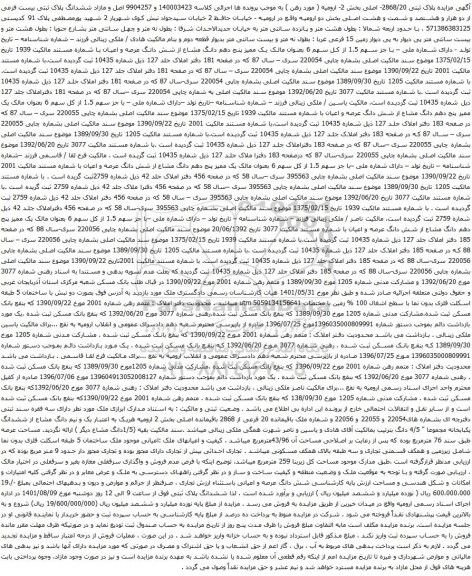 آگهی مزایده ششدانگ پلاک ثبتی بیست فرعی از دو هزار و هشتصد و شصت و هشت اصلی