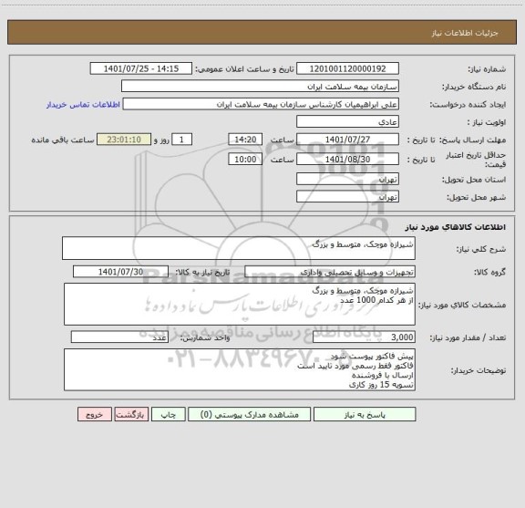 استعلام شیرازه موچک، متوسط و بزرگ