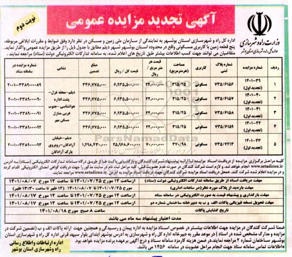 مزایده پنج قطعه زمین با کاربری مسکونی نوبت دوم