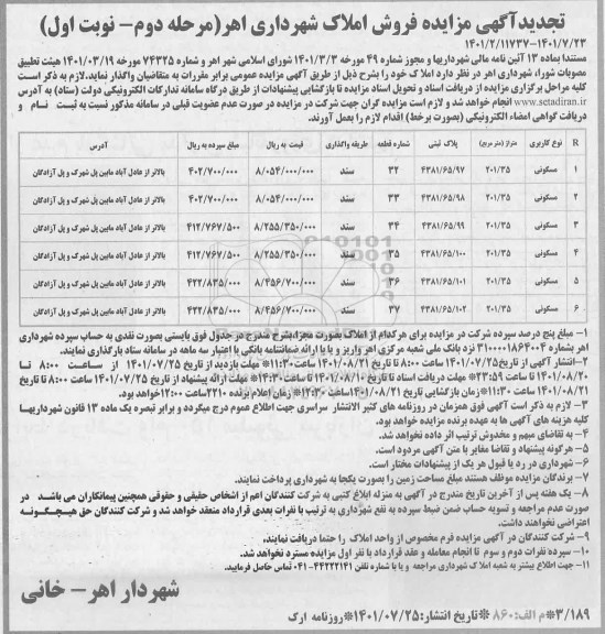 تجدید مزایده فروش املاک کاربری مسکونی - مرحله دوم نوبت اول