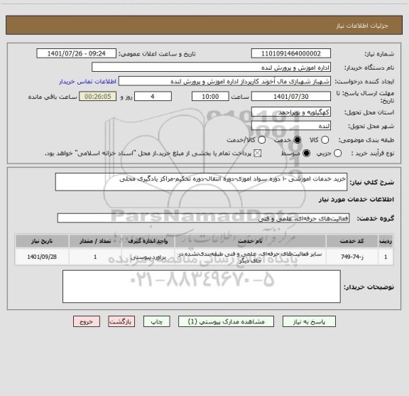 استعلام خرید خدمات اموزشی -ا دوره سواد اموزی-دوره انتقال-دوره تحکیم-مراکز یادگیری محلی