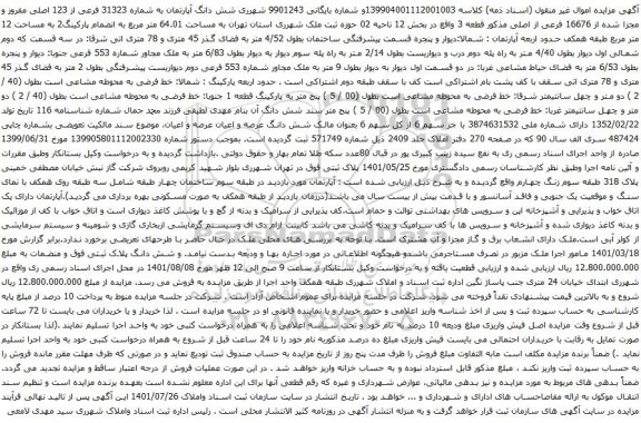 آگهی مزایده شش دانگ آپارتمان به شماره 31323 فرعی از 123 اصلی مفروز و مجزا شده از 16676 فرعی از اصلی