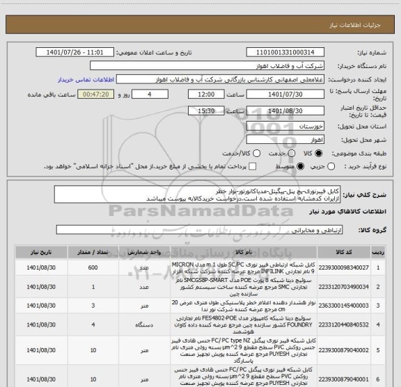 استعلام کابل فیبرنوری-پچ پنل-پیگیتل-مدیاکانورتور-نوار خطر
ازایران کدمشابه استفاده شده است.درخواست خریدکالابه پیوست میباشد