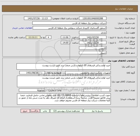 استعلام خرید لوازم یدکی فیدرهای 20 کیلوولت پارس صنعت پرند طبق لیست پیوست
