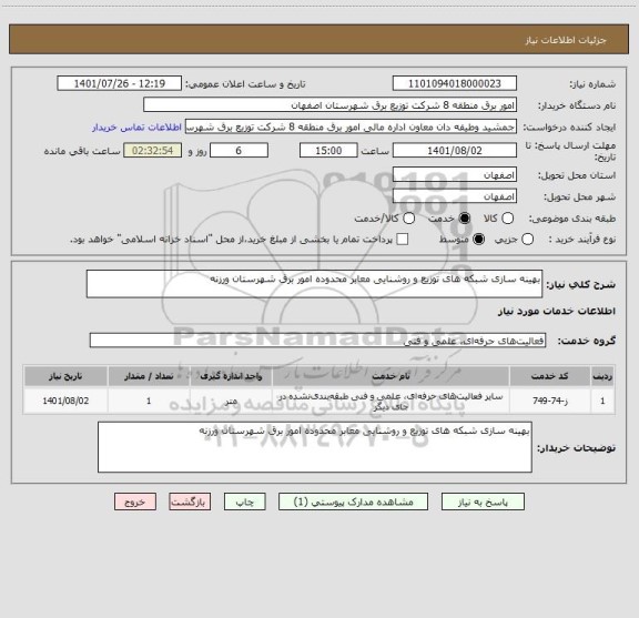 استعلام بهینه سازی شبکه های توزیع و روشنایی معابر محدوده امور برق شهرستان ورزنه
