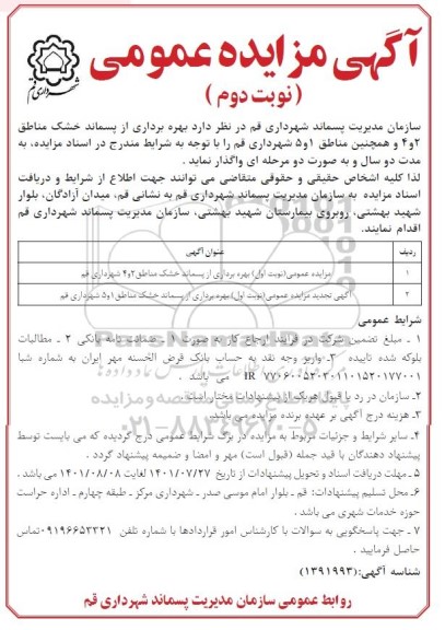مزایده بهره برداری از پسماند خشک مناطق...