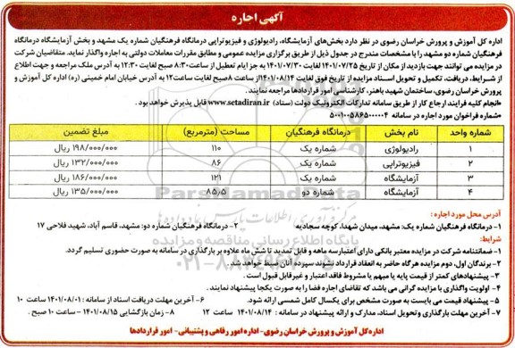 مزایده بخشهای آزمایشگاه ، رادیولوژی و فیزیوتراپی
