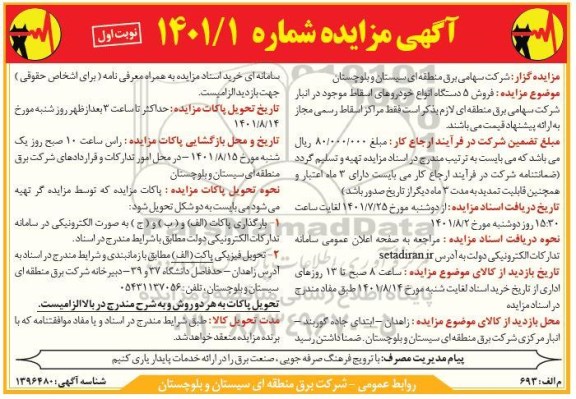 مزایده فروش 5 دستگاه انواع خودروهای اسقاط