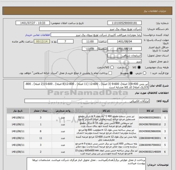 استعلام تیر بتنی 400-9(3 اصله)، 600-9 (3 اصله) ، 600-12 (11 اصله) ، 800-12(8 اصله) ، 600-15(2 اصله) ، 800-15(یک اصله) کد کالا مشابه است