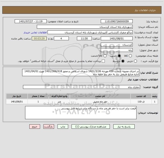 استعلام در اجرای مصوبه شماره 459 مورخه 1401/3/26 شورای اسلامی و مجوز 1401/306/418 مورخ 1401/04/01 اداره منابع طبیعی نیاز به حفر پنج حلقه چاه