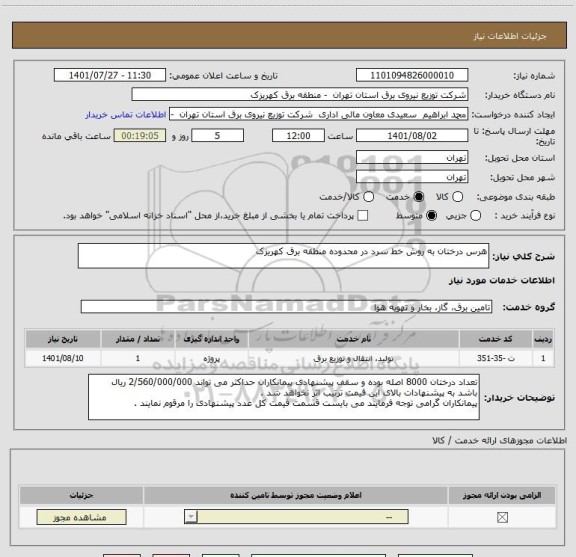 استعلام هرس درختان به روش خط سرد در محدوده منطقه برق کهریزک
