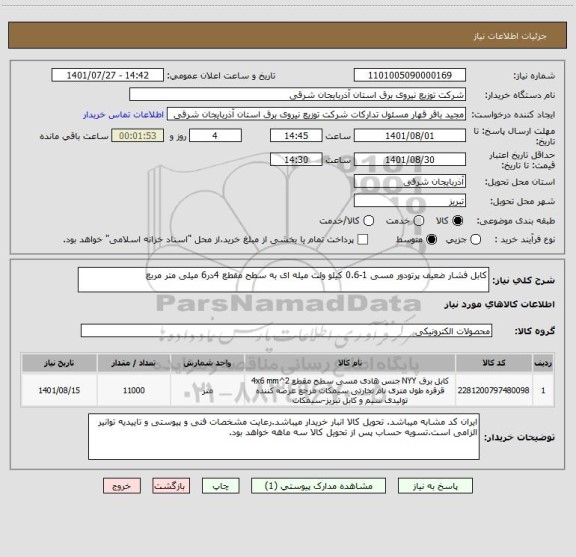 استعلام کابل فشار ضعیف پرتودور مسی 1-0.6 کیلو ولت میله ای به سطح مقطع 4در6 میلی متر مربع