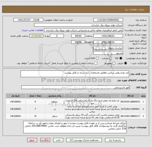 استعلام ضد یخ و روغن نینانس مطابق مشخصات درج شده در فایل پیوست
