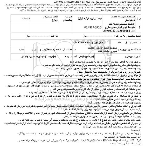 تجدید استعلام عملیات جابجایی شبکه فشار متوسط بلوار کوثر