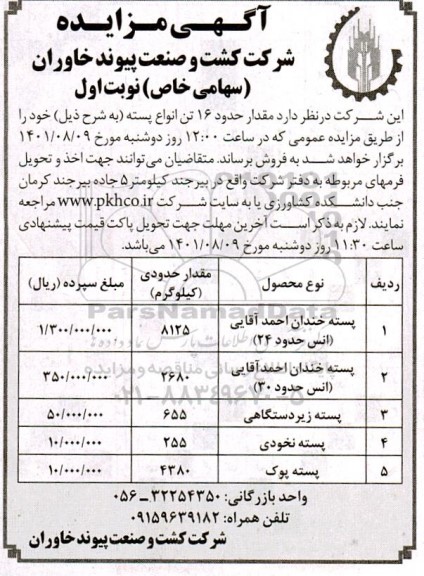 مزایده مقدار حدودی 16 تن انواع پسته 
