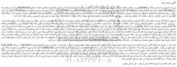 مزایده فروش ششدانگ عرصه واعیان یک دستگاه آپارتمان مسکونی بشماره پلاک 7220فرعی از 5018اصلی قطعه 20تفکیکی مفروز ومجزی شده از پلاک (9-6)فرعی از اصلی 