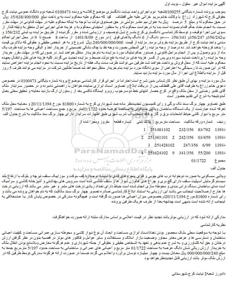 مزایده فروش یک دستگاه ساختمان ویلایی مسکونی به مساحت عرصه حدود 01/1722متر مربع