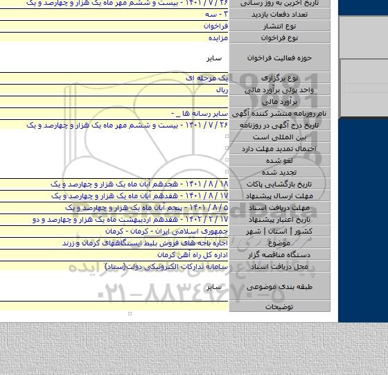 مزایده, اجاره باجه های فروش بلیط ایستگاههای کرمان و زرند