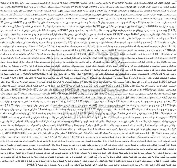 آگهی مزایده ششدانگ یک دستگاه آپارتمان مسکونی