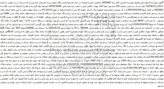 آگهی مزایده ششدانگ اعیان یک دستگاه آپارتمان با عرصه وقف دارای پلاک ثبتی 2684